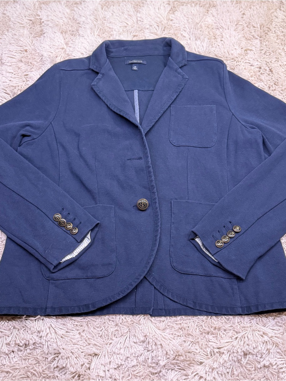 Lands End Navy Knit Blazer Womens 14 Nautical Anchor Buttons Patch Pockets